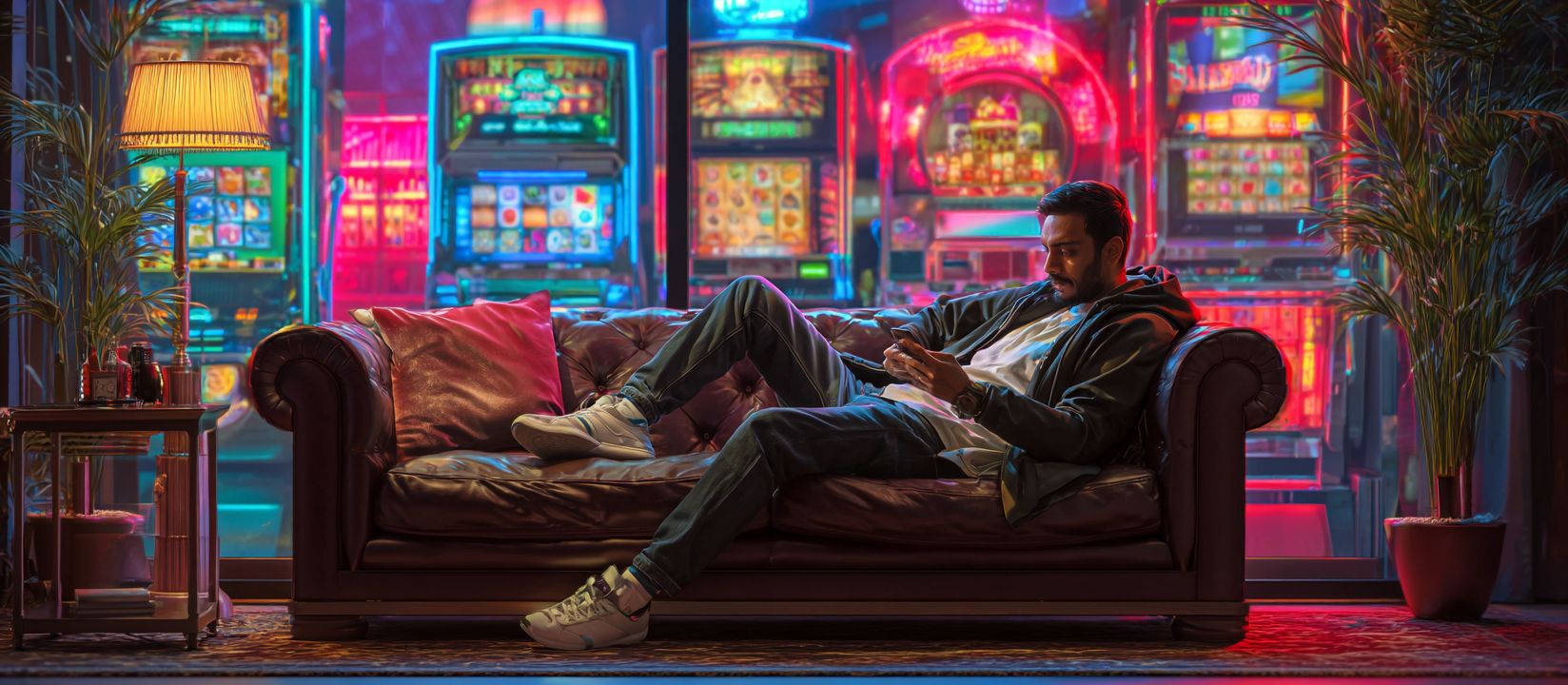 Young man relaxing on a sofa with smartphone, exploring CV333 mobile app with glowing slot machines in the background.