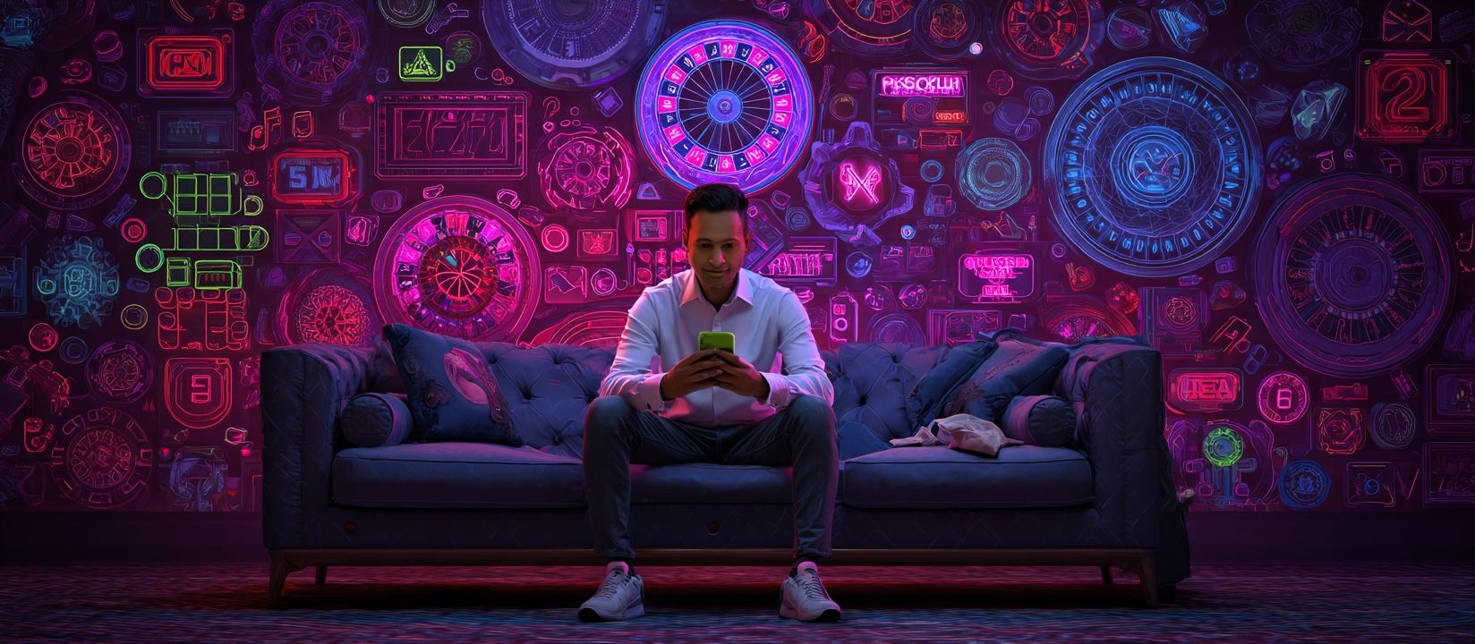 CV333 Mobile – The best gaming experience with our official app Player using CV333 app on smartphone, surrounded by vibrant neon casino graphics of slots and roulette.