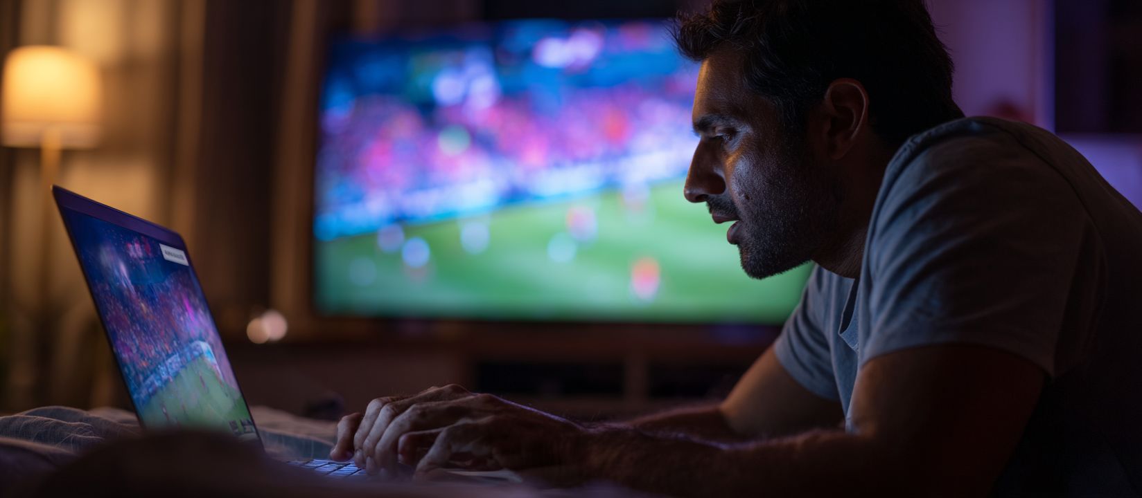 Focused man placing live football bets on CV333 sportsbook with a laptop while watching the match on TV.