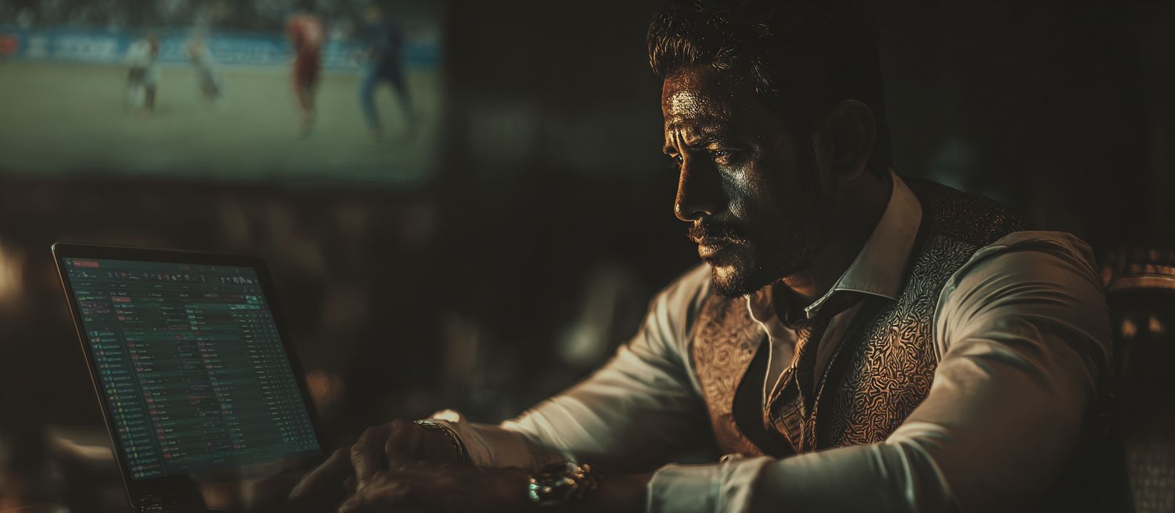 CV333 Sports – The best online betting experience for fans in Bangladesh Intense bettor using CV333 platform on laptop to place live sports wagers with football match in the background.