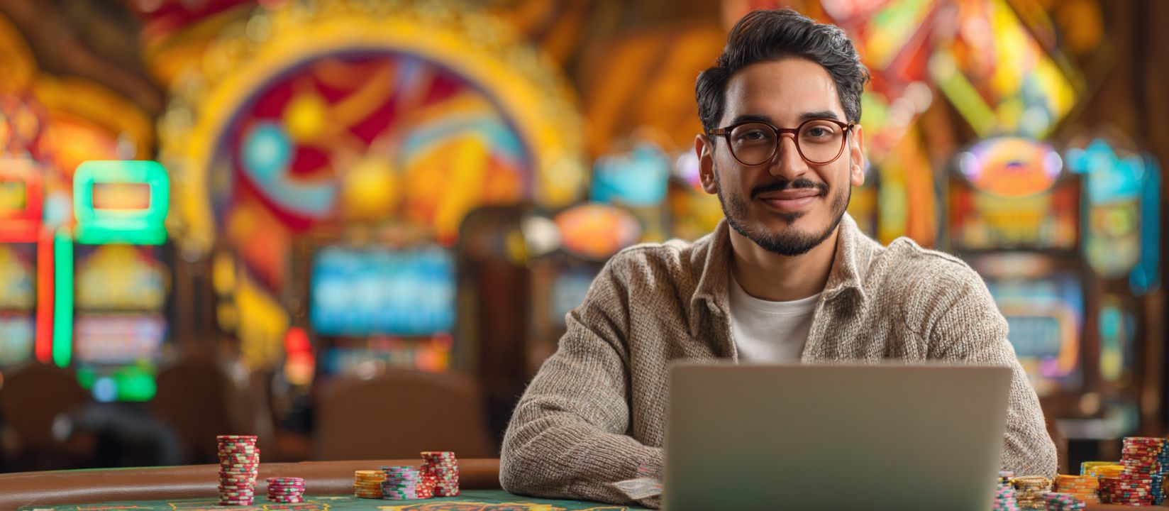 Smiling player with laptop and casino chips enjoying CV333 bonuses and colorful slot machines in the background.