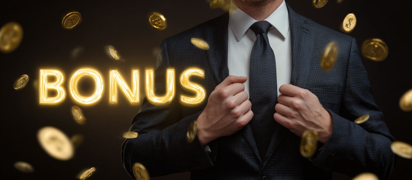CV333 Promotions – Unlock top bonuses and special offers today Confident man in suit with glowing BONUS sign and golden coins, symbolizing exclusive CV333 rewards.