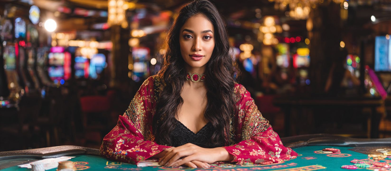 Elegant woman in a red outfit at the gaming table, representing the glamorous CV333 live casino experience.