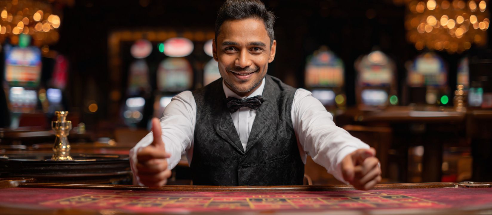 CV333 Log In – Welcome back to your gaming account Smiling dealer giving thumbs up at the CV333 table, inviting players to log in and start their casino journey.