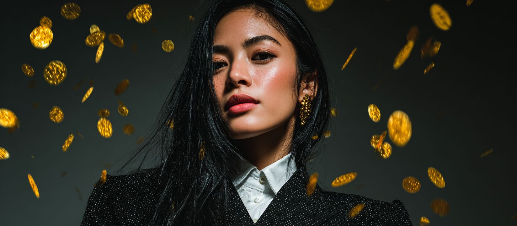 Confident woman surrounded by falling golden coins, symbolizing luck and big winnings at CV333 online casino.