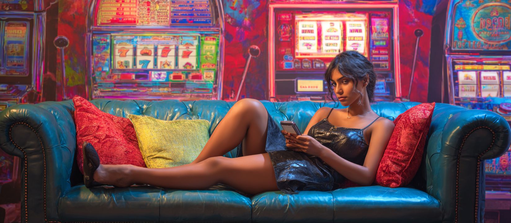 CV333 App – Download the official application for nonstop mobile gaming Glamorous woman relaxing on a sofa with smartphone, enjoying CV333 mobile app surrounded by glowing slot machines.