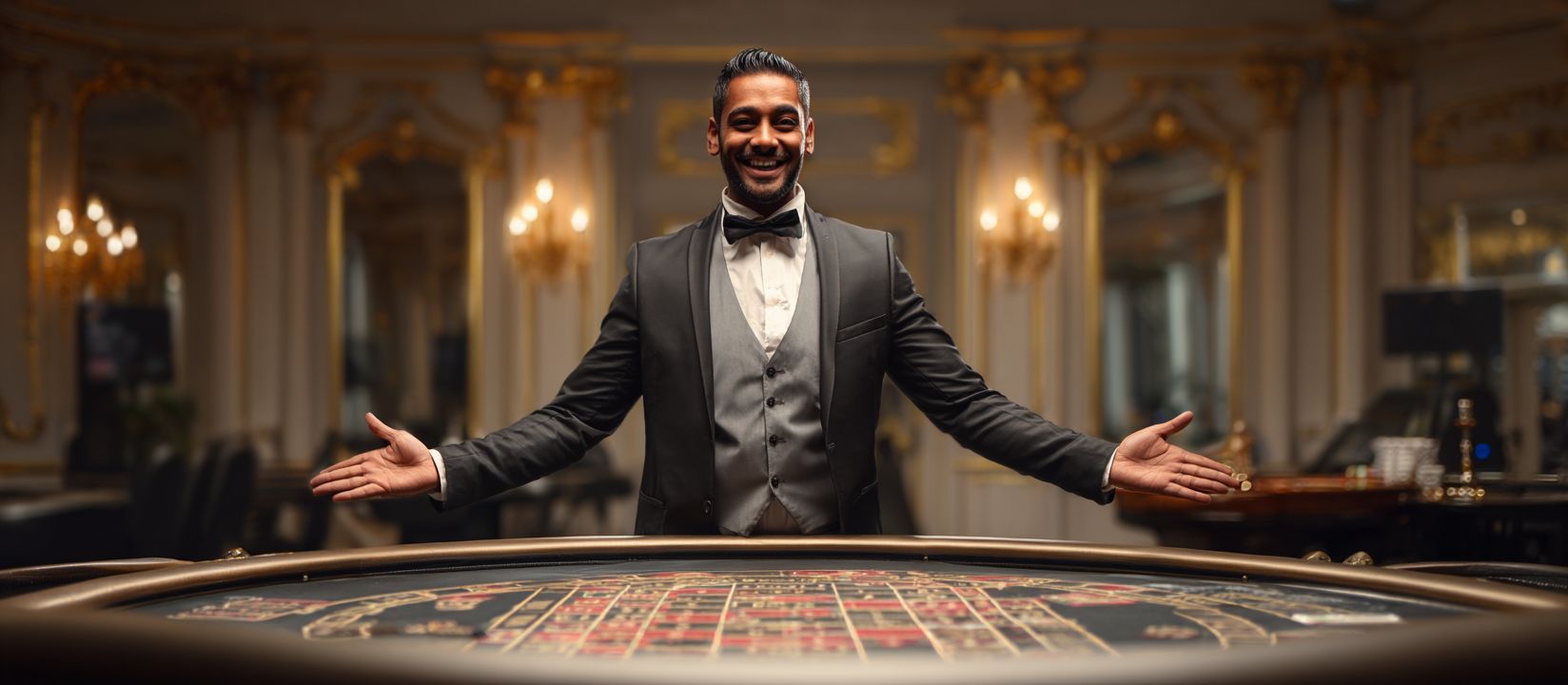 CV333 Games – A complete collection of online casino games in Bangladesh Smiling dealer in tuxedo presenting the roulette table at CV333 live casino inside a luxurious hall.
