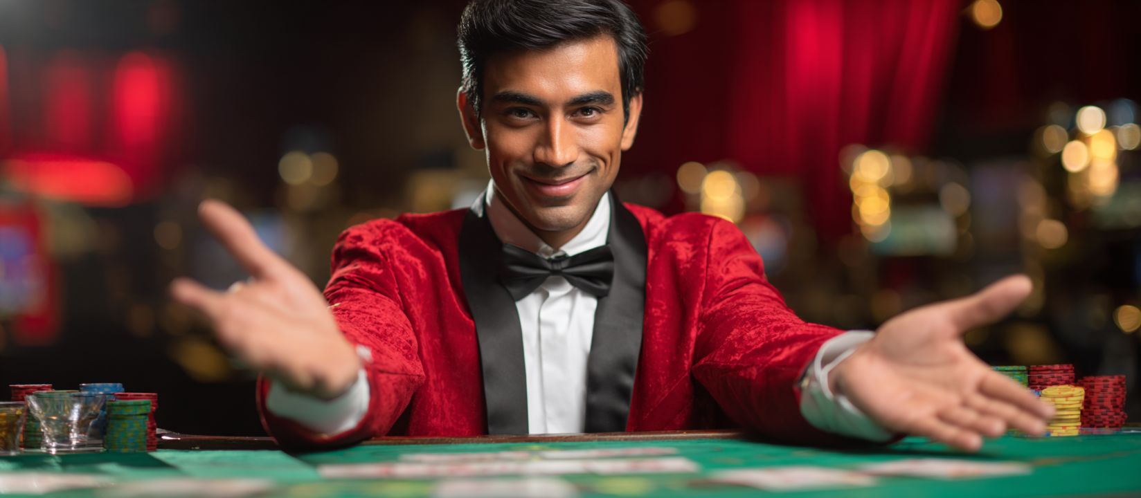 CV333 Log In – Quick and secure access to your gaming account Friendly CV333 dealer in a red jacket inviting players to log in and start the game with colorful chips on the table.