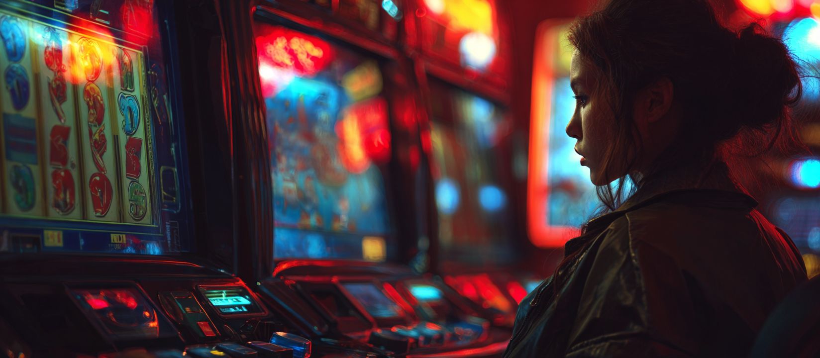 CV333 Slots – Spin the reels and win big with our online slot collection Woman playing at illuminated slot machine, highlighting the excitement of CV333 online slots experience.