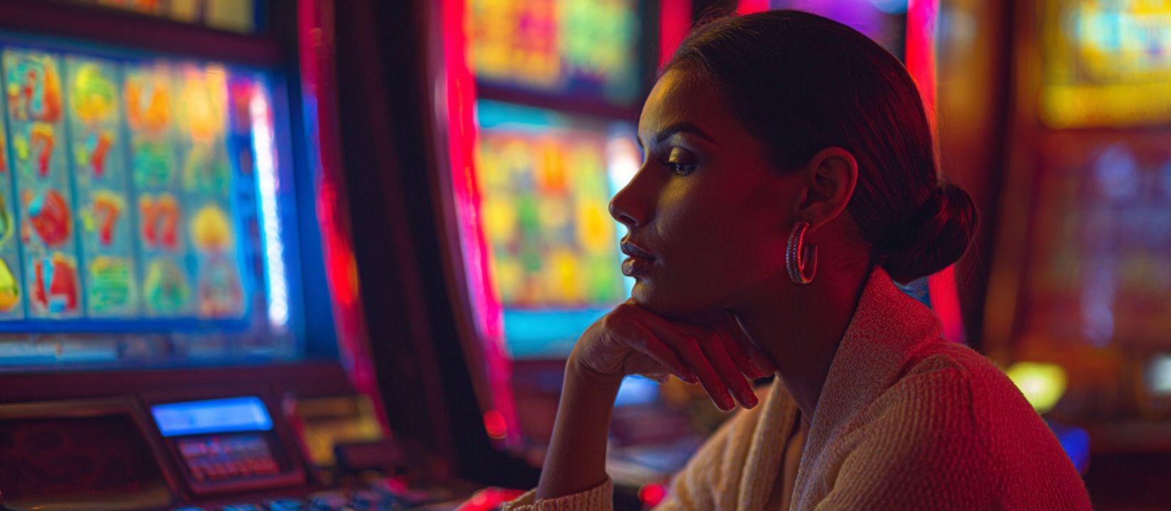Focused woman watching colorful slot machine reels at CV333, representing the excitement of online